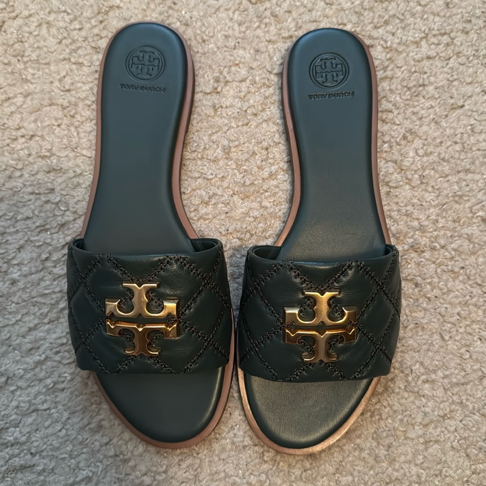 Tory Burch Everly Slide Size 10.5 Color Jitney Green Gold